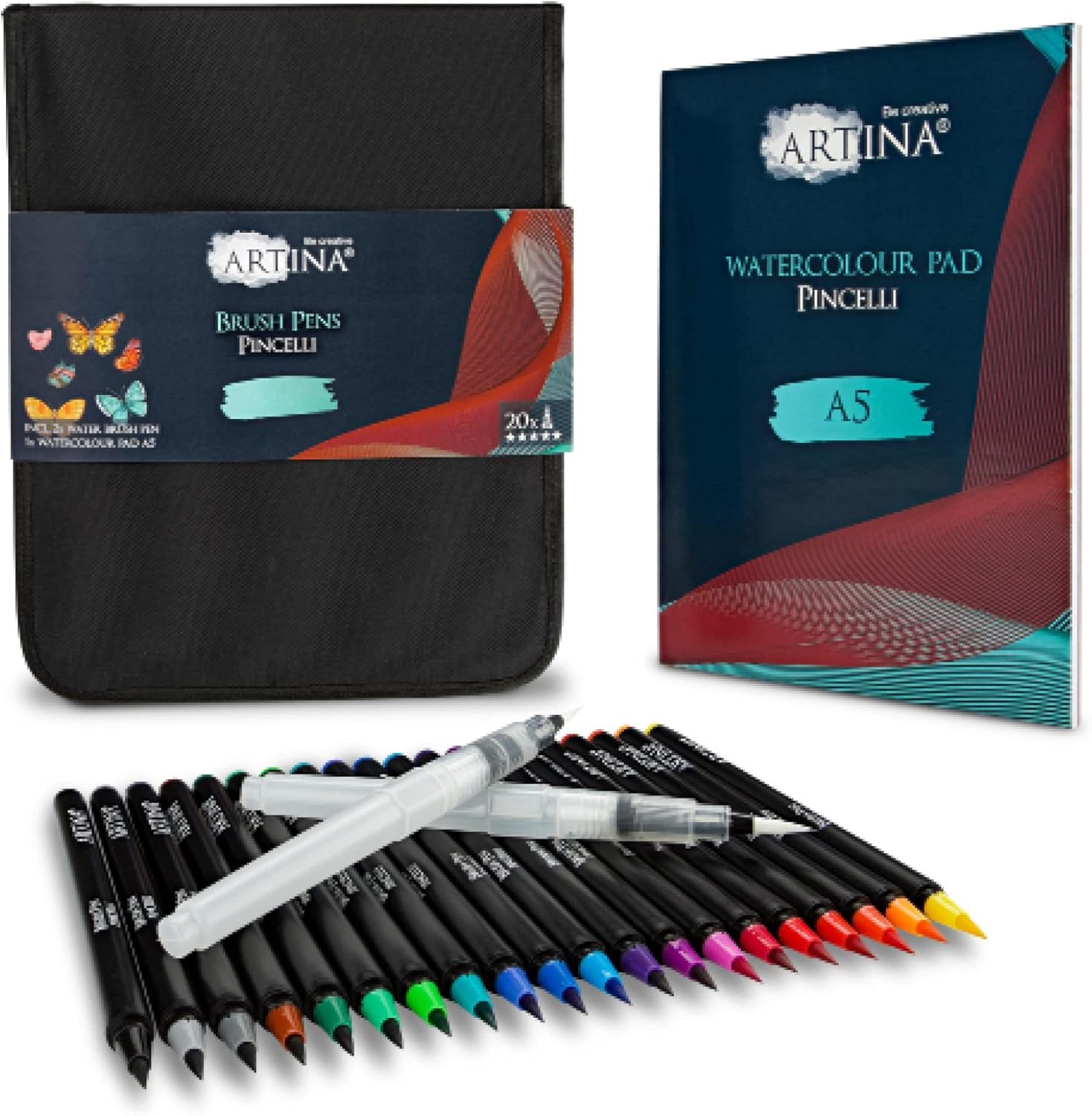 artina-expertilo-pinselstifte-set-20-farben-mit-aquarellblock image 1